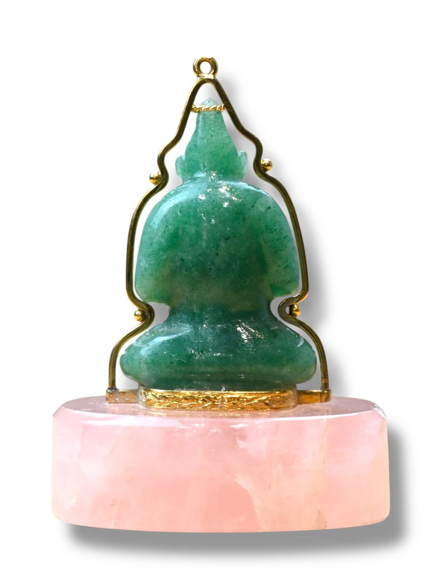 Figura di Buddha in Giada su Base in Quarzo Rosa - XX Secolo-photo-4